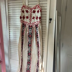 Urban Outfitters Ivory Midi Dress with Red & Black Embroidery
